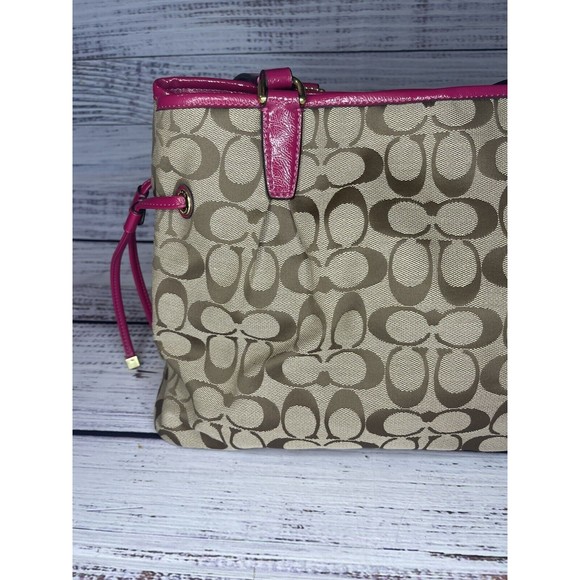COACH F28501 Signature Stripe Drawstring Carryall Satchel Bag Pink Purse - Picture 8 of 16